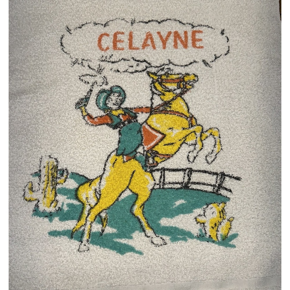 Vintage Muscogee Bath Towels Western Bronco Cowgirl Horse CELAYNE Retro Decor